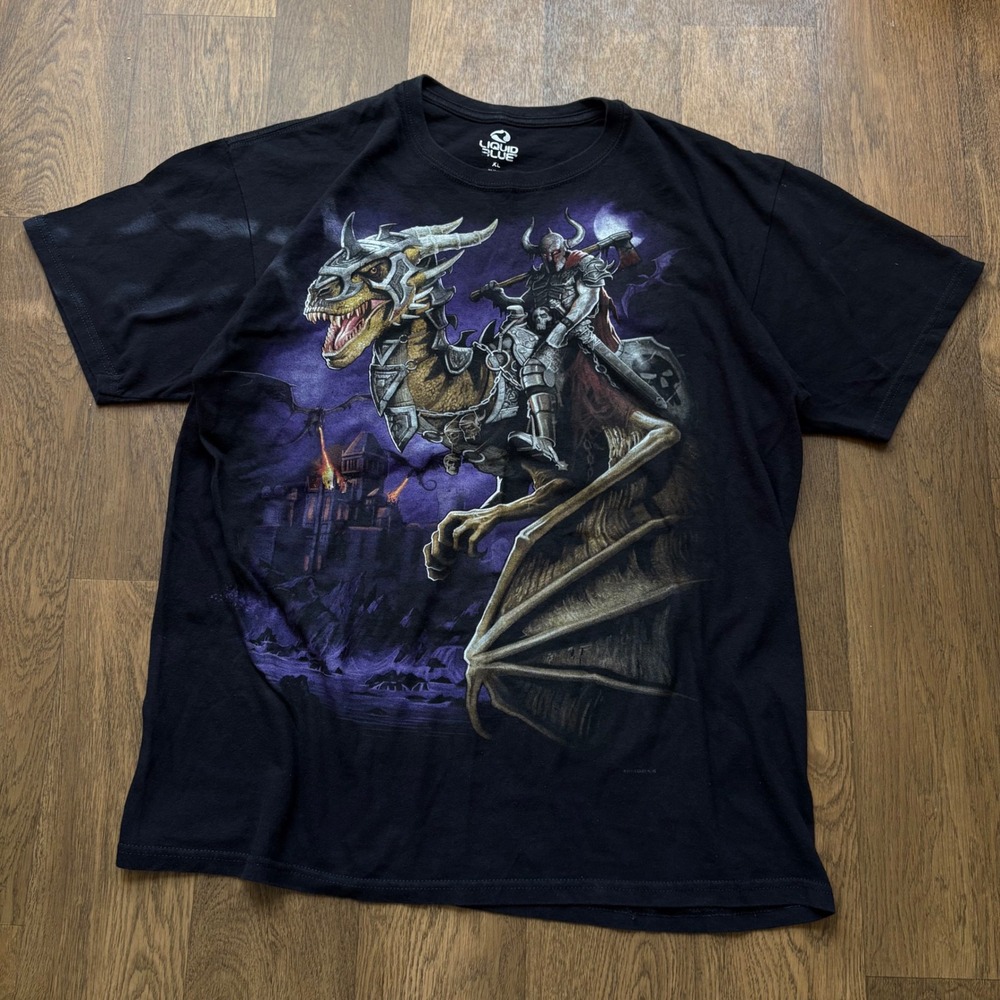 Liquid Blue Y2K Style Modern Shadow Knight Riding Armored Dragon Graphic T Shirt